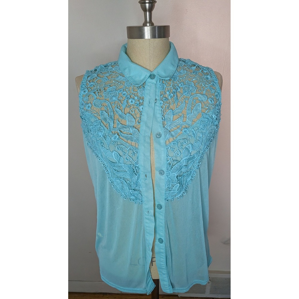 Y2K Rue21 Women Large Turquoise Blue Sleeveless Lace Yoke Blouse Top Whimsigoth